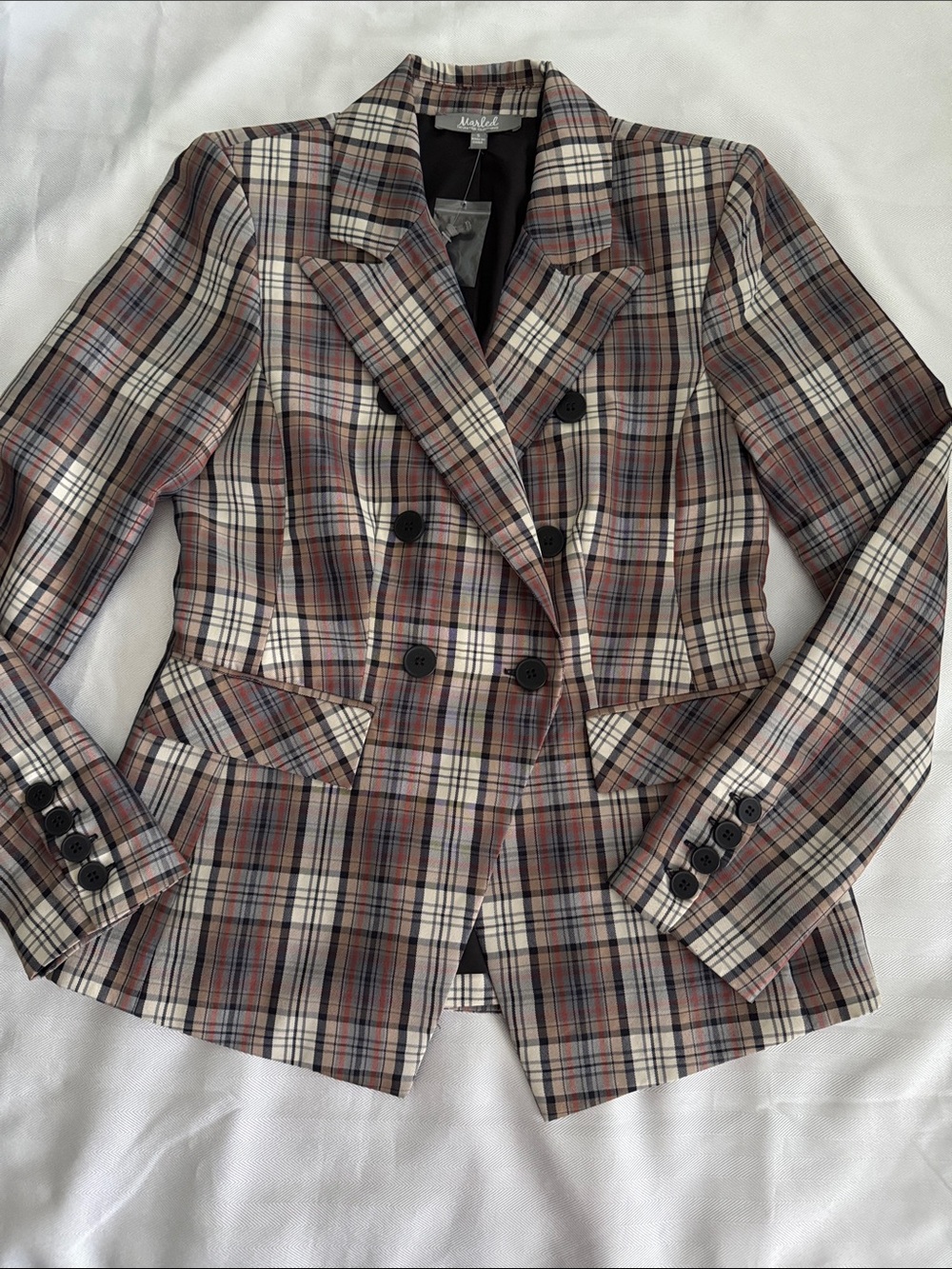 Marled Double-Breasted Plaid Blazer in Brown, Cream and Black